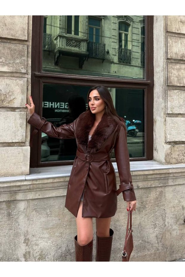 Women's Fur Collar Belted Leather Jacket with Inner Lining