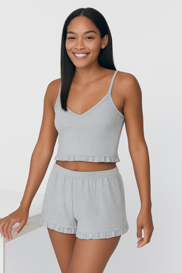 Pamuklu Fitilli Crop Atlet ve Fırfırlı Şort Kadın Pijama Takımı - 7