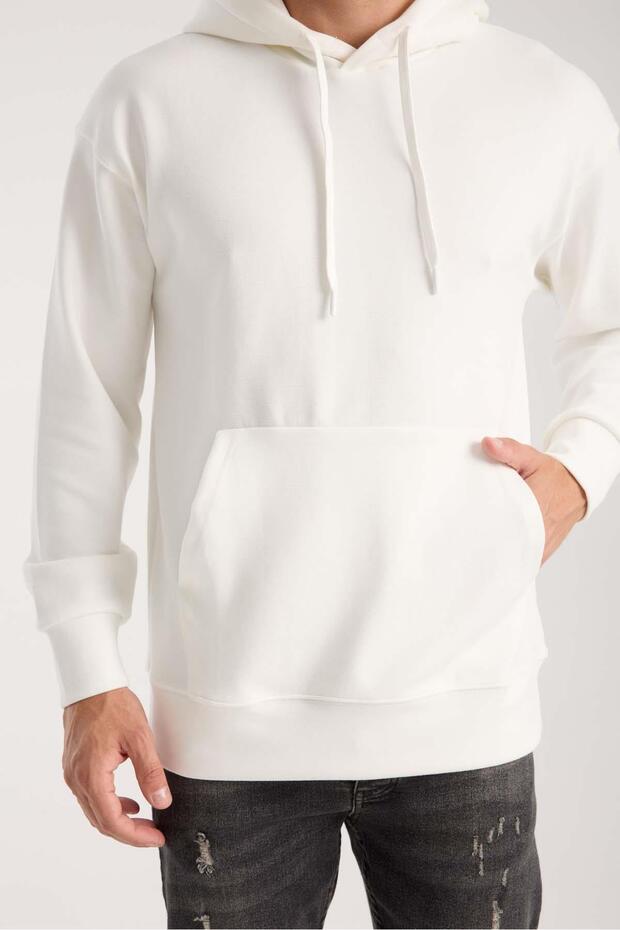 Luc Oversize Basic Dalgıç Kumaş Viskon Kapüşonlu Cepli Sweatshirt Hoodie - Ekru - 3