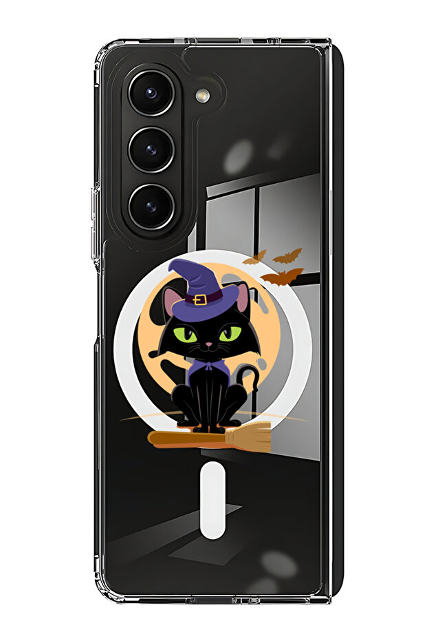 Case for Samsung Galaxy Z Fold 5 Compatible with MagSafe, Bumper Cover Cat Halloween with broom