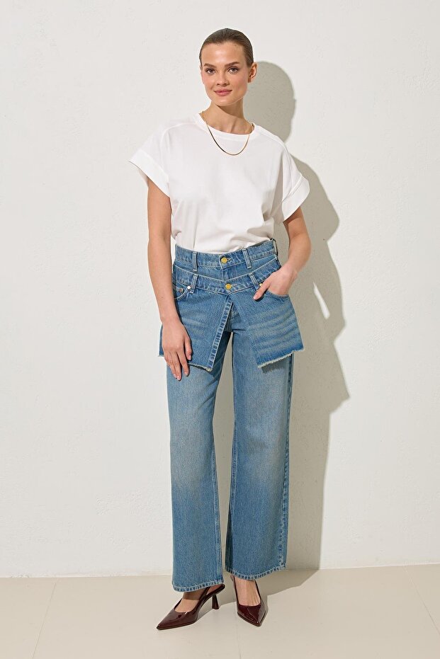 Mavi %100 Pamuk 2 Parça Görünümlü Bel Detaylı Kot Pantolon - 4