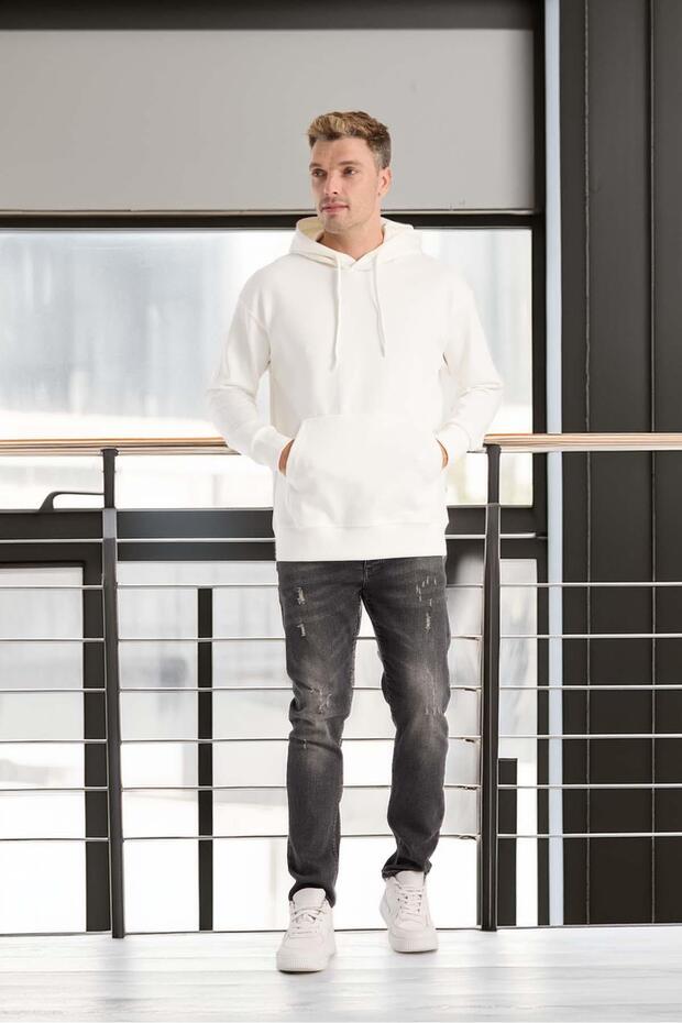 Luc Oversize Basic Dalgıç Kumaş Viskon Kapüşonlu Cepli Sweatshirt Hoodie - Ekru - 5