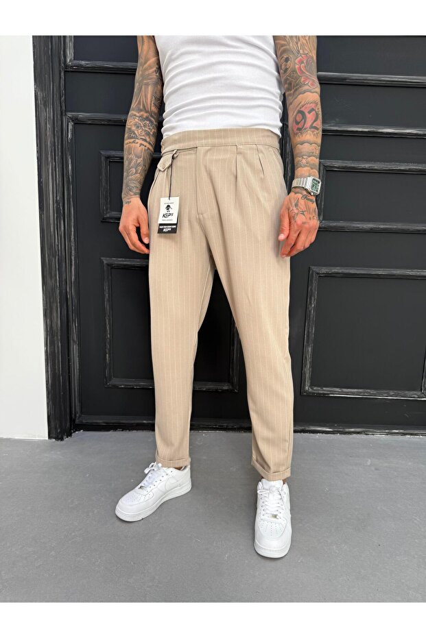 Cream White Striped Pleated Boyfriend Fabric Trousers
