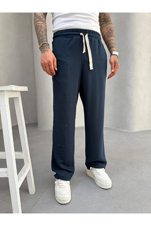 Navy Blue Jacquard Baggy Trousers