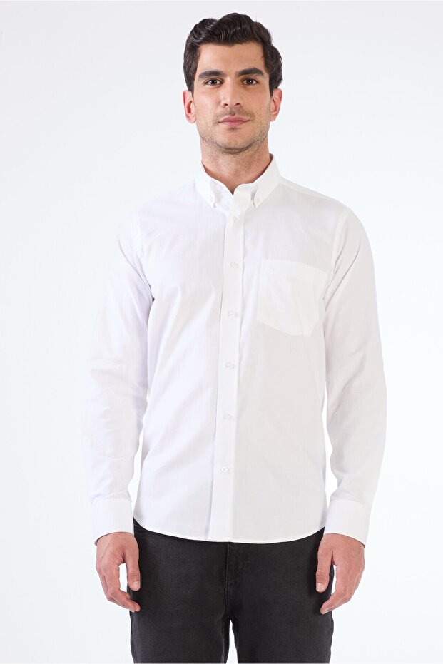 Men's Regular Fit Button-Down Collar Long Sleeve White Shirt