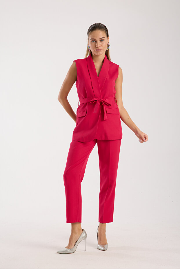 Fuşya Yelek Ve Yüksek Bel Pantolon Takım - 1