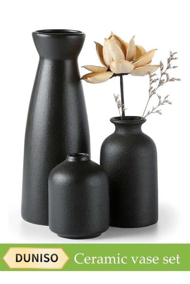 3 Pieces, Black Ceramic Vase Decorative Set, Modern Bohemian Farmhouse Home Decor, Pampas Grass And