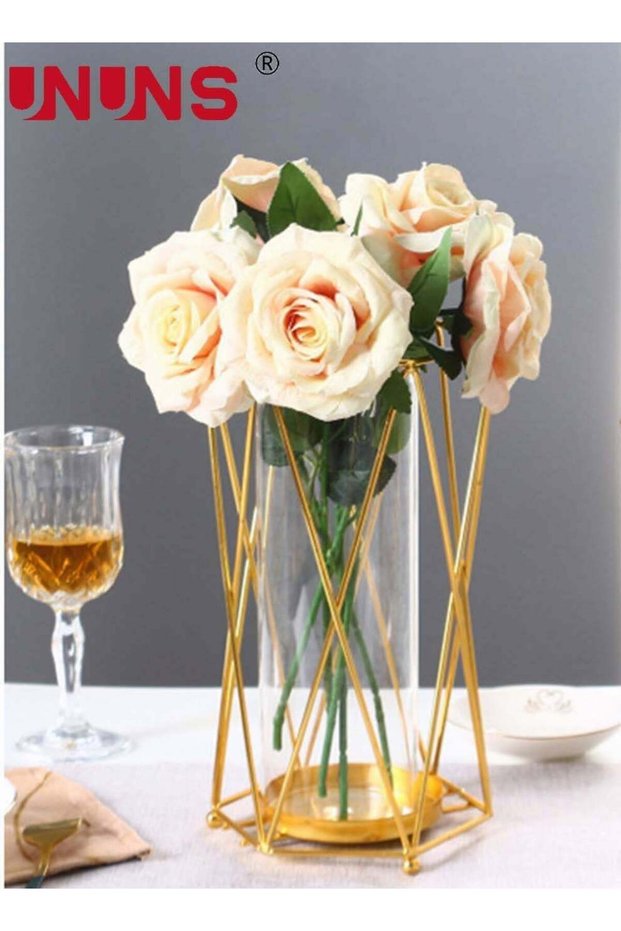 Gold Flower Vase Metal Stand Glass Geometric Decor Vase,Crystal Transparent Inner Vase,Modern Large