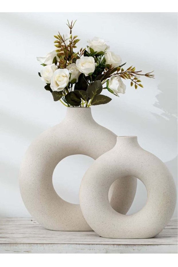 Set of 2 Ceramic Hollow Donut Vase Off White Vases for Decor Nordic Minimalism Style Decor for Wedd