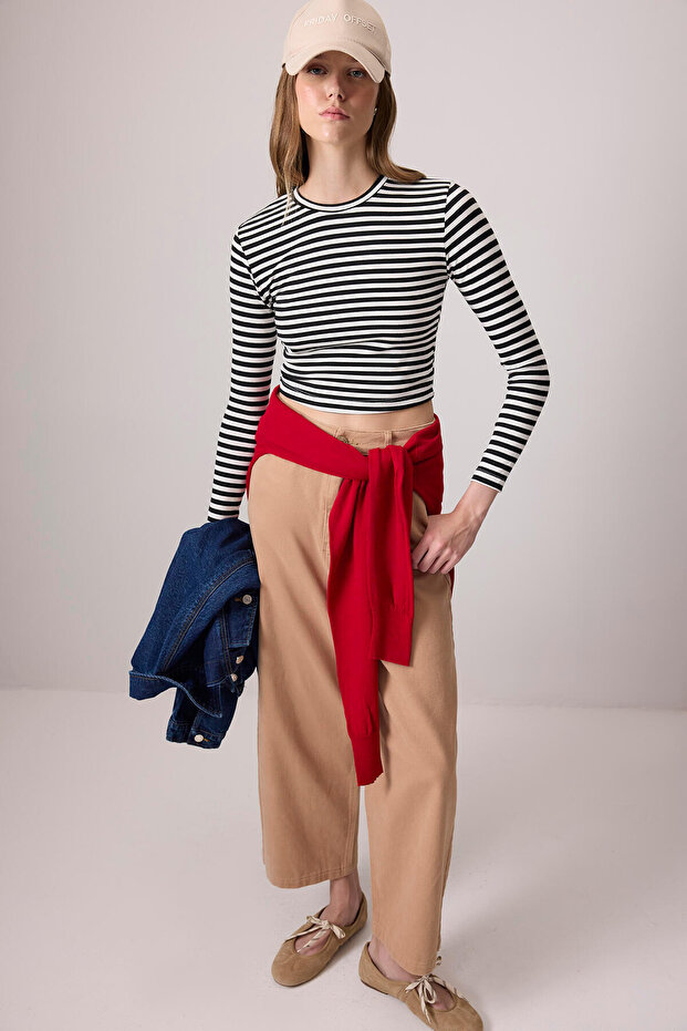 %100 PAMUK ÇİZGİLİ BASIC ÖRME TSHIRT - 1