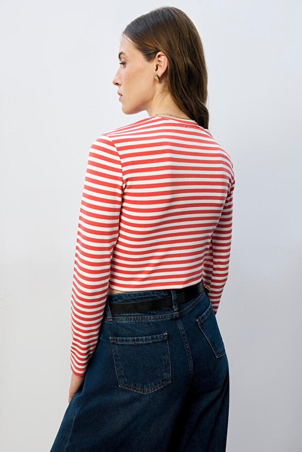 %100 PAMUK ÇİZGİLİ BASIC ÖRME TSHIRT - 5