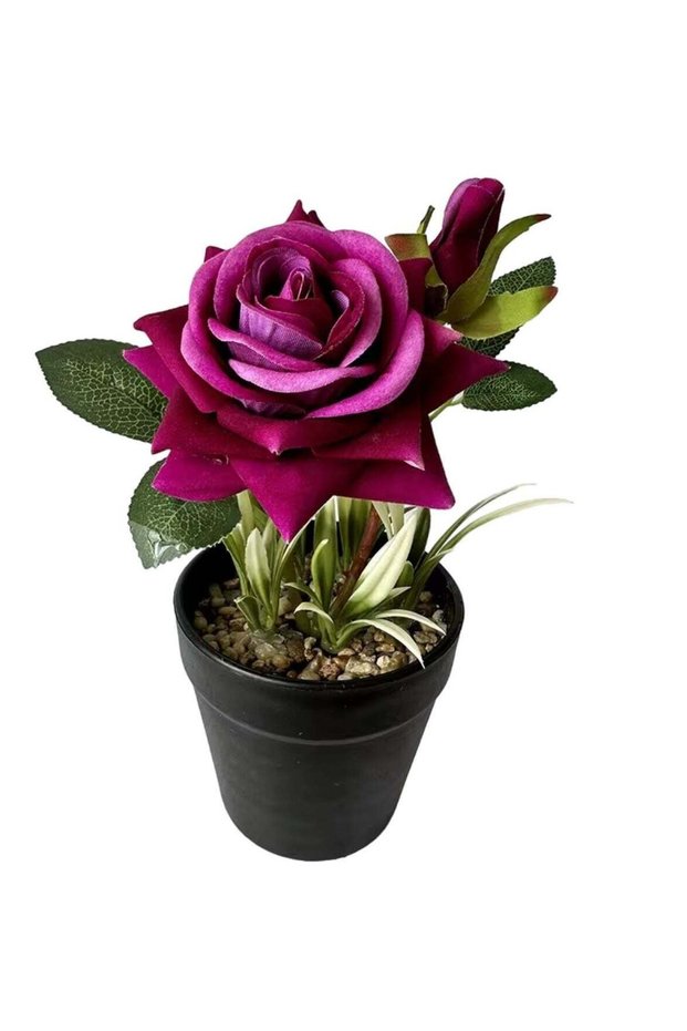 Lifelike Artificial Purple Rose Potted Plant with Bud and Decorative Pebbles