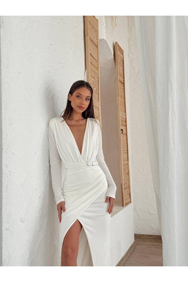 Derin V Yaka Uzun Kollu Yırtmaçlı Gece Elbisesi – Şık ve Zarif Davet Elbisesi - 5