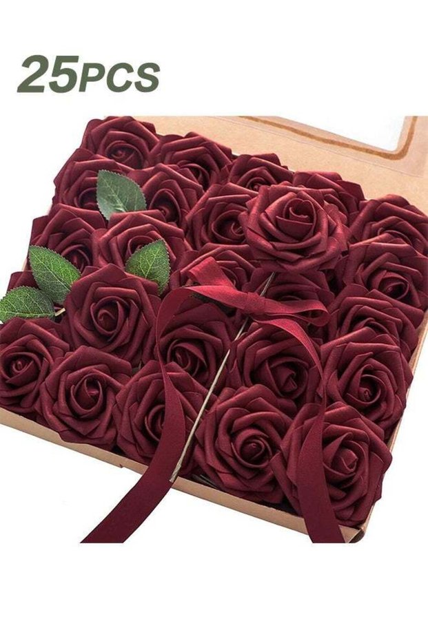 25 PCS Floroom Artificial Flowers Real Looking Burgundy Foam Fake Roses with Stems for DIY Wedding