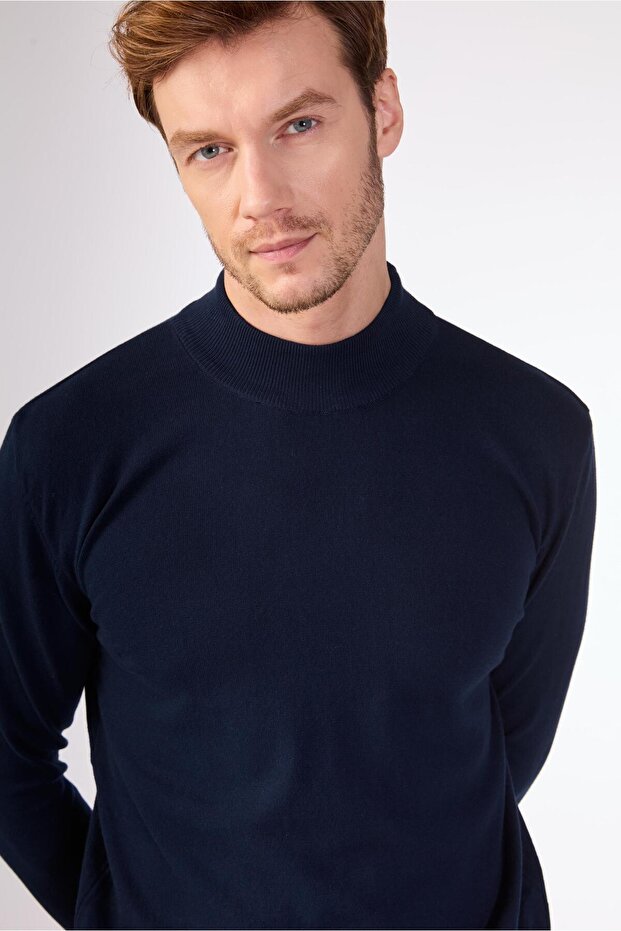 Navy Blue Half Fisherman 100% Cotton Solid Color Slim Fit Men's Knitwear