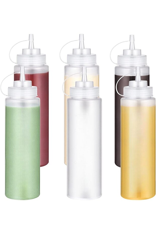 6PCS Condiment Squeeze Bottles Sauce Bottles with Twist on Caps and Measurement, 230M - 1