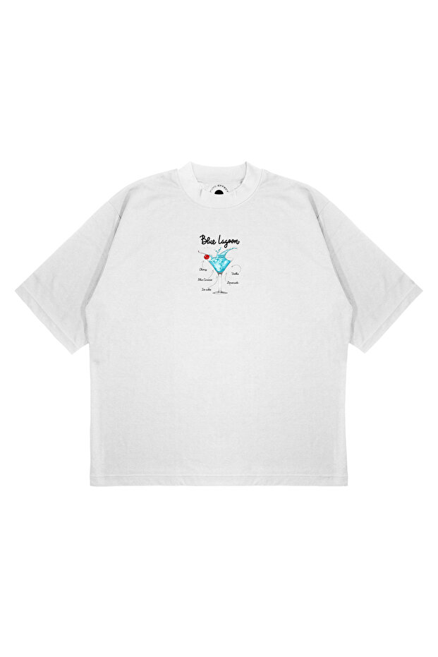 Unisex Oversize Blue Lagoon Cocktail Printed Boxy Fit Thick Fabric T-Shirt