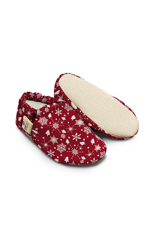 Organic Cotton Baby Booties, Anti-Slip Sole, Burgundy Snow Pattern Booties