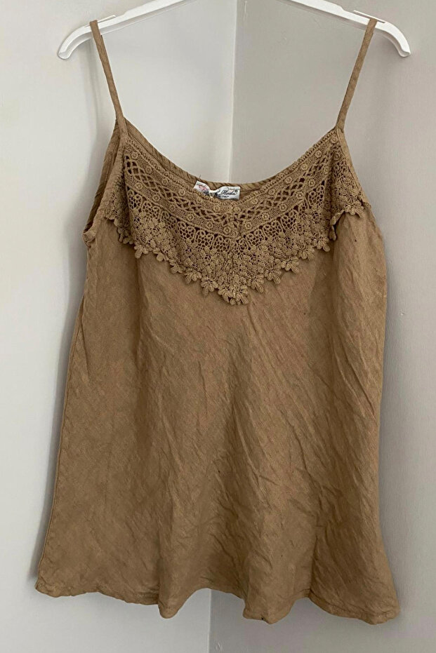 Women's Italian Cappuccino Lace Detailed Collar Plain Pattern Sleeveless Strap Zero Sleeve Linen Blouse