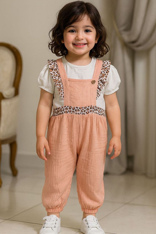 My Little Baby Girl's Strawberry Buttoned Baby Girl Muslin Suit with Leopard Detail - Salmon
