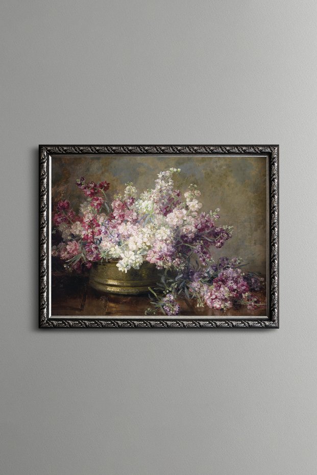 Copper Bowl Full of White and Pink Flowers - Vintage Patterned Frame