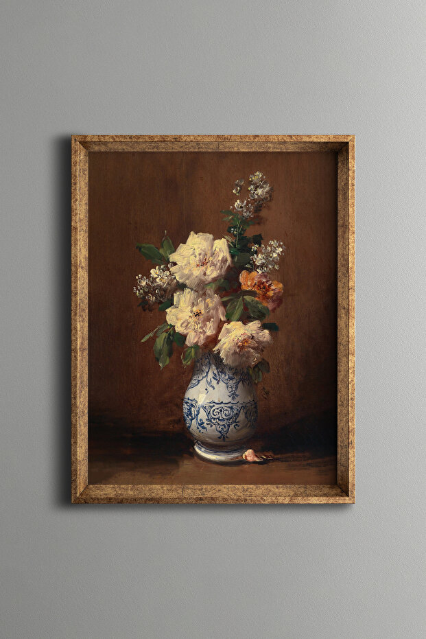 Still Life with Roses - Vintage Patterned Frame