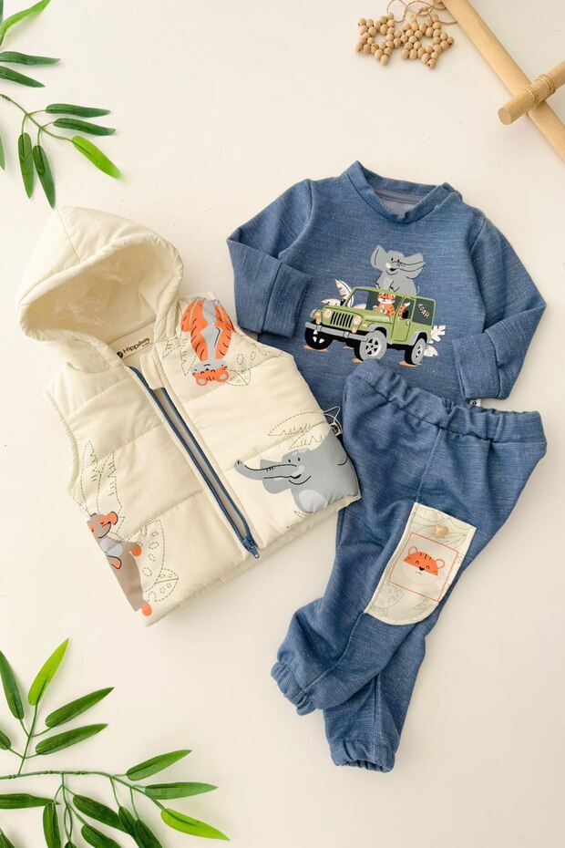 My Little Baby Boy's 3-Piece Suit with Elephant Printed Inflatable Vest - Blue