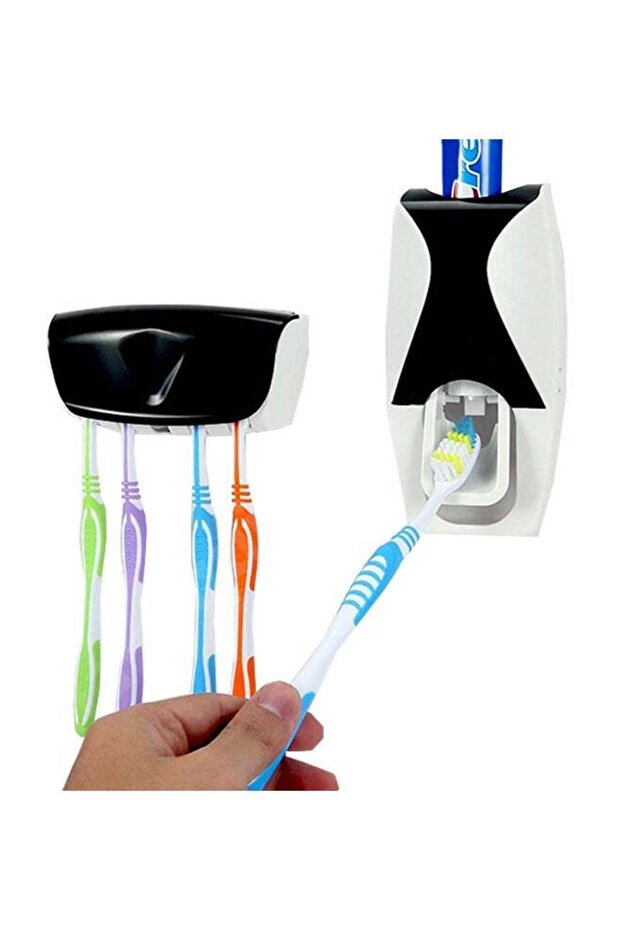 موزع معجون أسنان أوتوماتيكي مع حامل فرشاة أسنان أسود/أبيض 8 بوصة - 1
