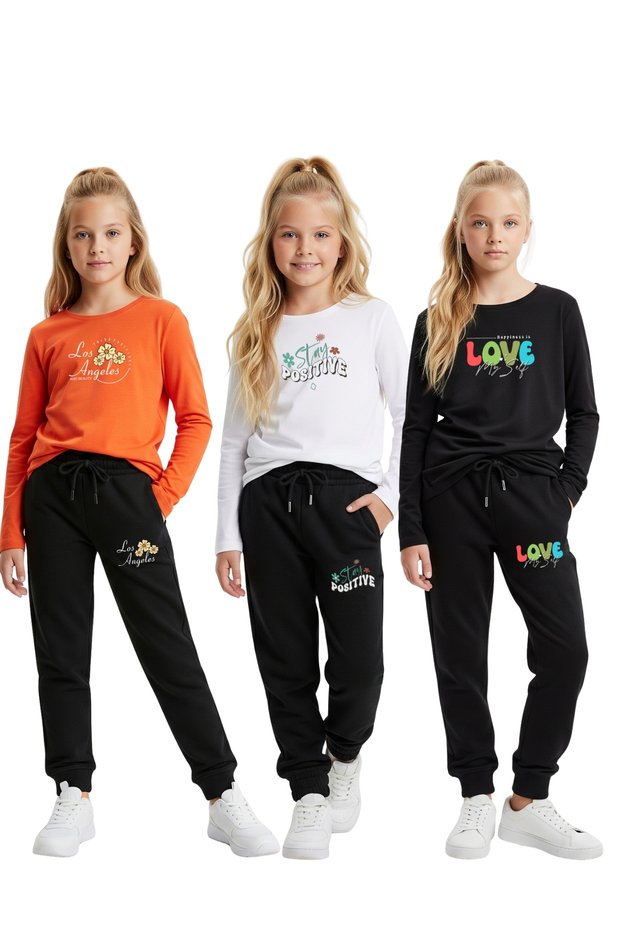 3-Piece Crew Neck Printed Detail Girl's Suprem Bottom-Top Set