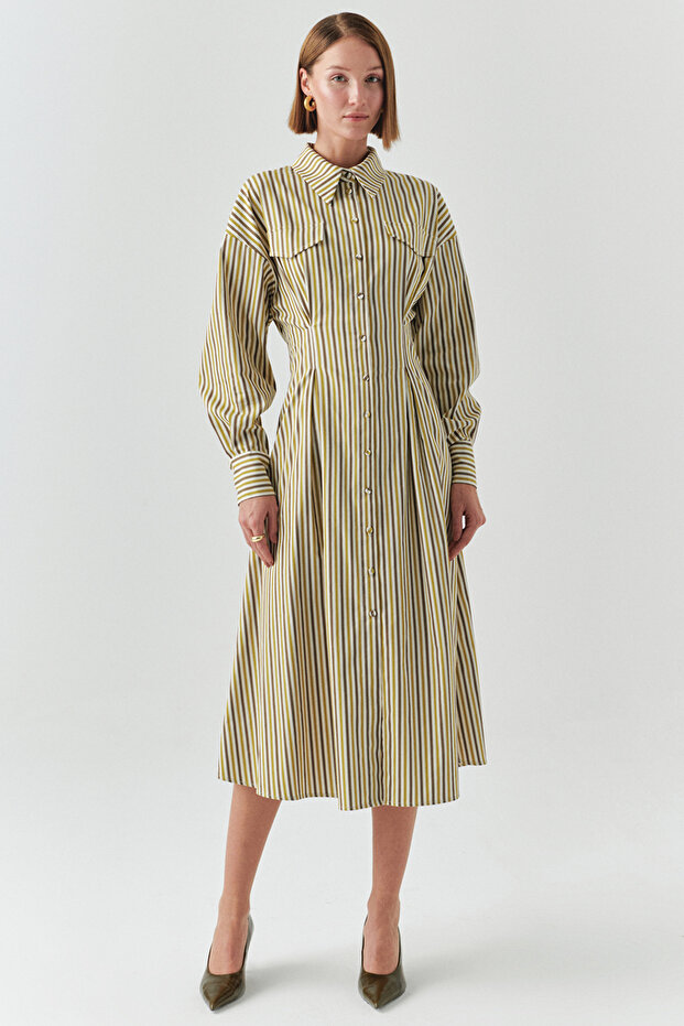 Striped Shirt Collar Long Sleeve Slim Fit Midi Dress