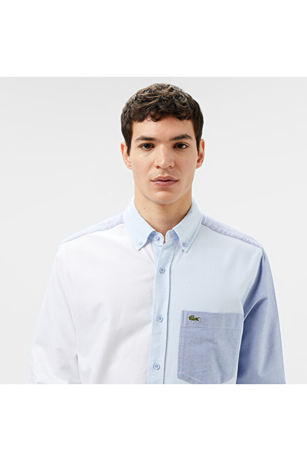 Erkek Slim Fit Renk Bloklu Açık Mavi Gömlek - 4
