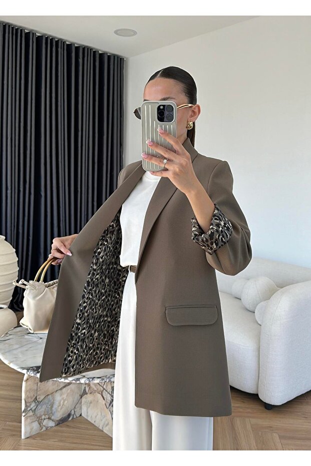 Women's Leopard Patterned Lined Blazer Jacket - 2