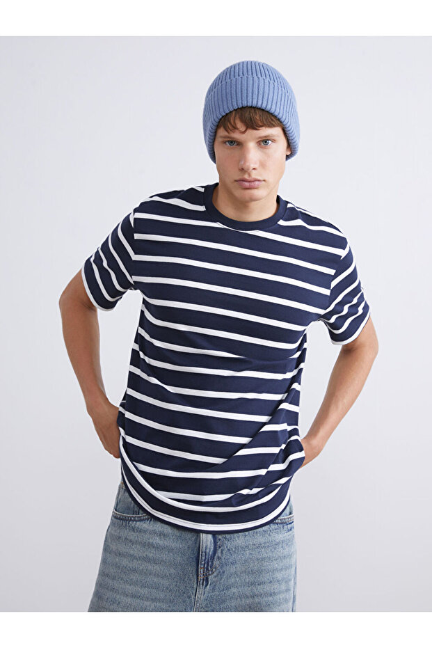 Rmz Gi̇yi̇m Farkiyla Zero Roba Collar Striped Combed Cotton Men's T-Shirt