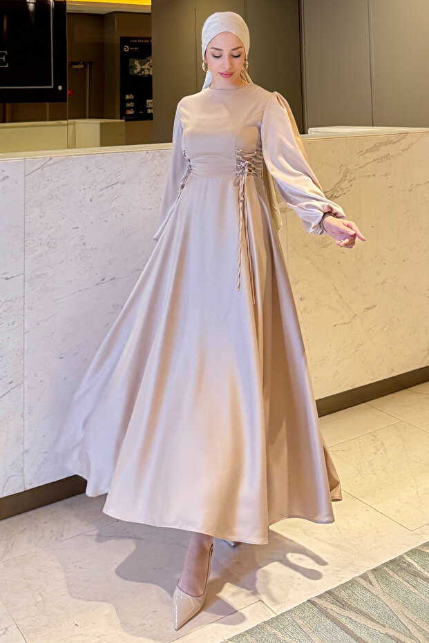 Satin Evening Dress with Side Drawstrings-Beige