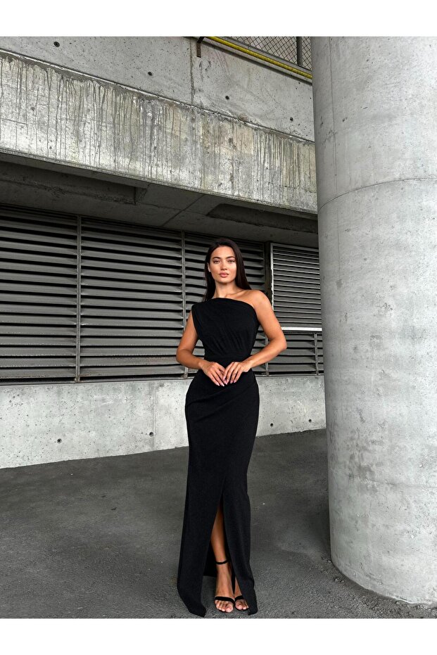 Flowers Front Pleated One Shoulder Evening Dress 583314 Black