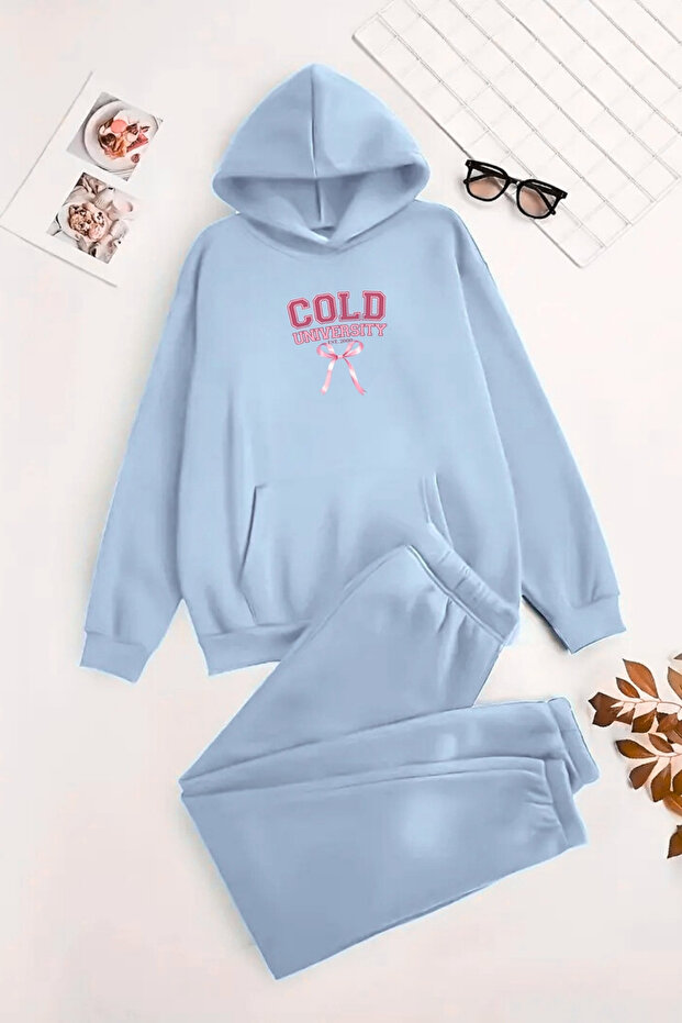 Unisex Hooded Baby Blue Tracksuit Set Cold University Printed - Winter Raised Fabric