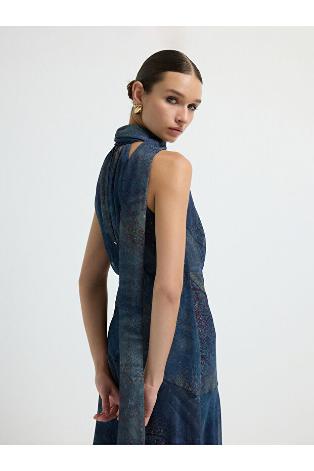 Desenli Şifon Elbise - 5