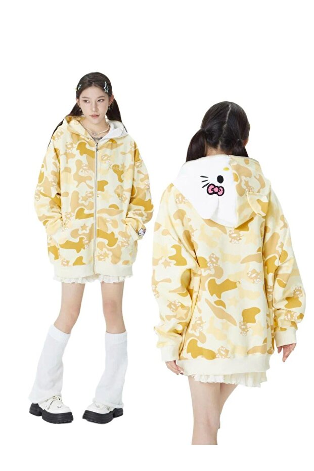 Sarı Hello Kitty Y2K Unisex Hoodie Fermuarlı Uzun Kollu Hırka -BLN - 5