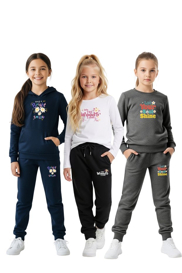 3-Piece Hooded-Round Neck Printed Detail Girl's Tracksuit Set