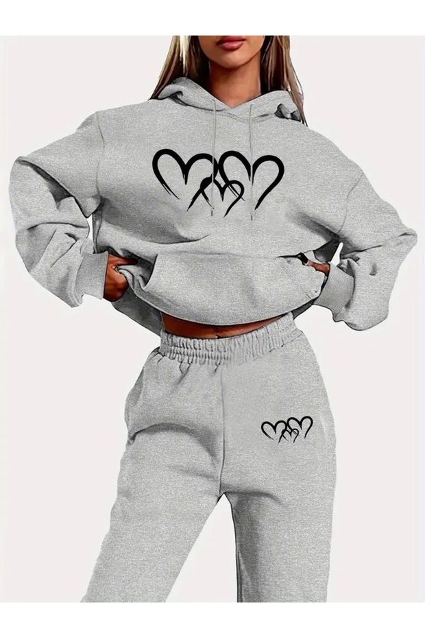 Heart Printed Unisex Women/Men Hooded Oversize Bottom/Up Tracksuit Set