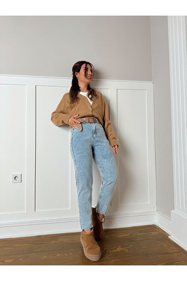 Leo Dark Blue Mom Jeans Lycra High Waist Blue Snow Washed Mom Jeans