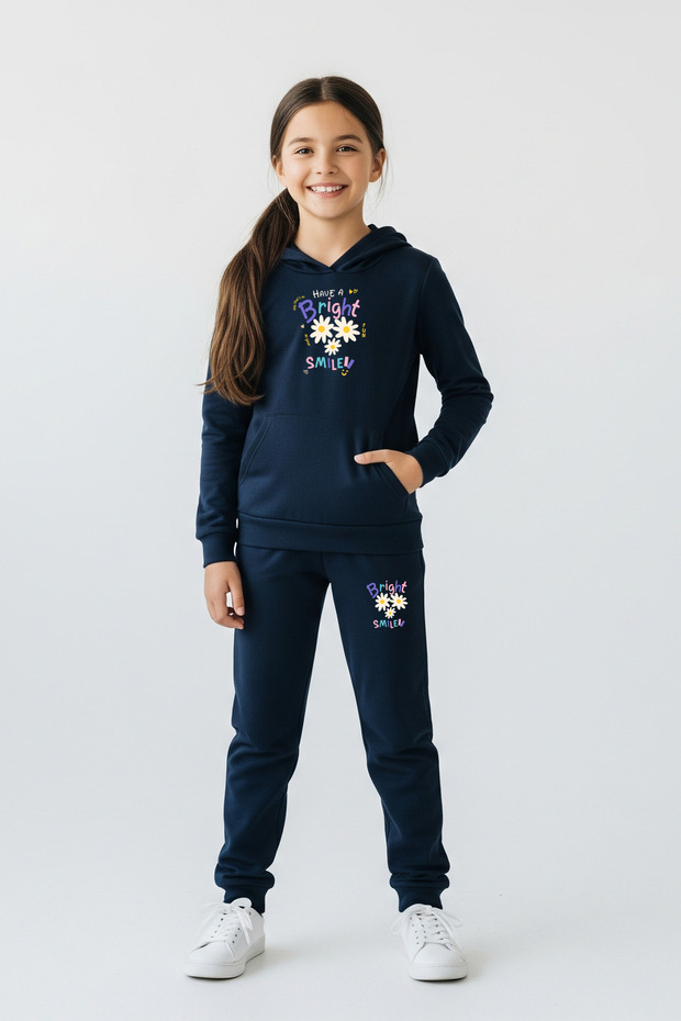 Hooded Kangaroo Pocket Bright Smile Printed Girl's Tracksuit Set