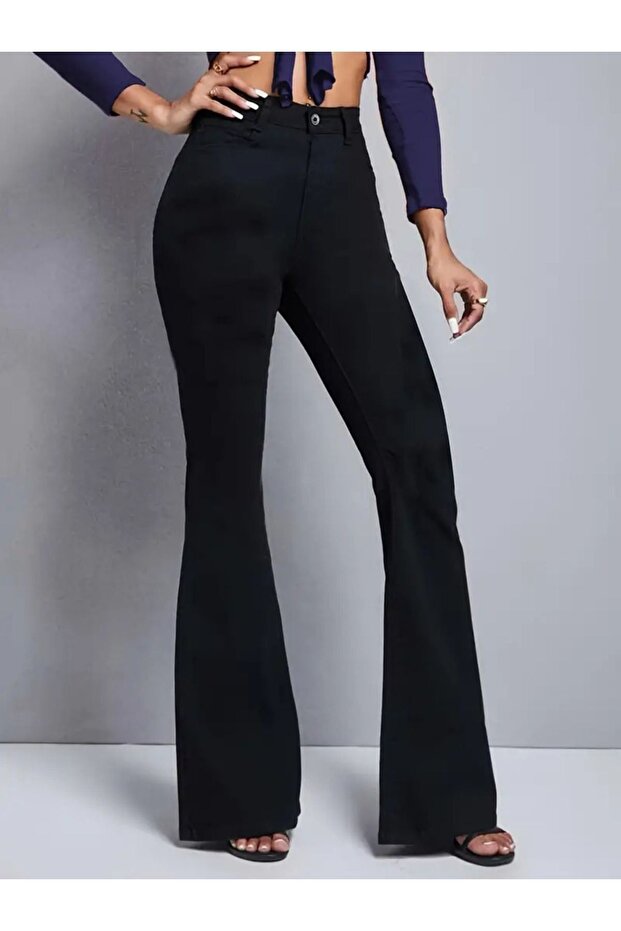 Trend Jean name is Angerta Black Non-Fading High Waist Five Pockets Lycra Flare Spanish Leg Jean Pants