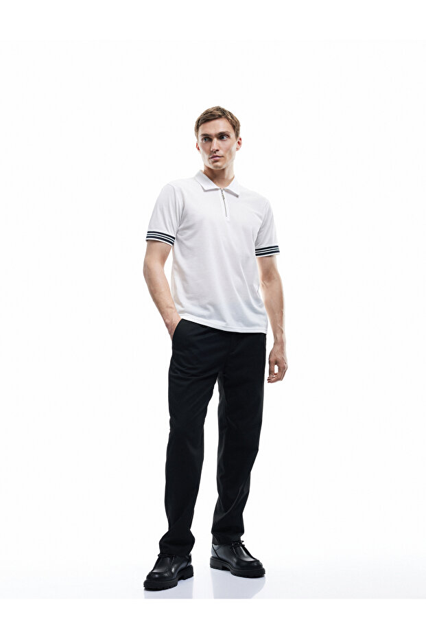 Regular Fit Pique Fabric Short Sleeve Polo Neck T-Shirt with Zipper Stripe Detail
