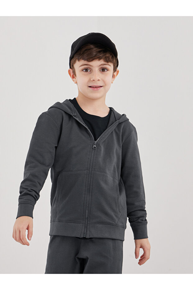 Charcoal Cotton Full Zip Hoodie with Pocket