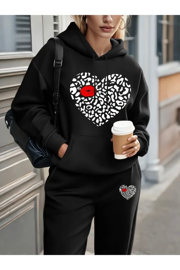 Heart Printed Unisex Women/Men Hooded Oversize Bottom/Up Tracksuit Set