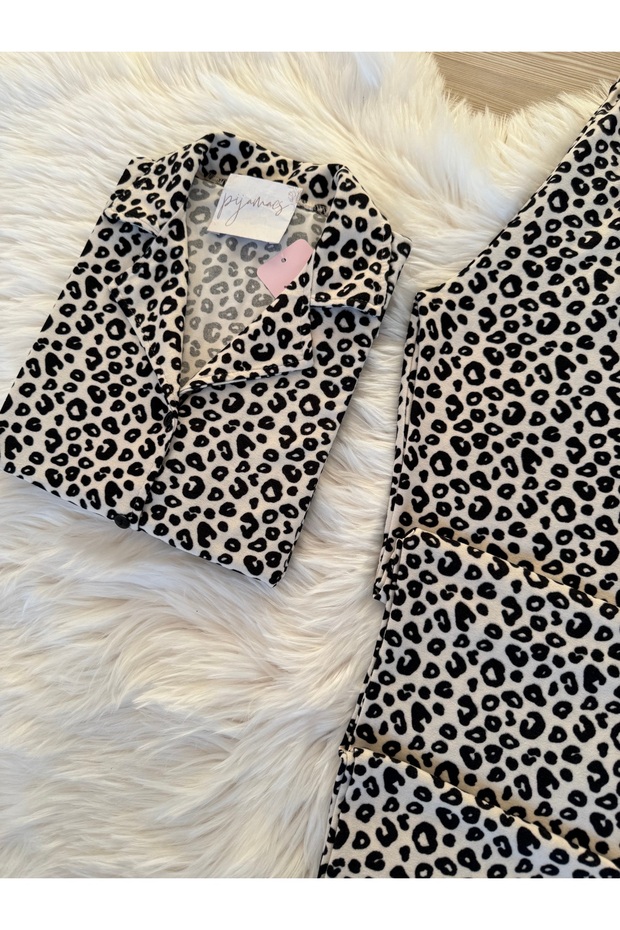 Leopar Desenli Süet Gömlek Yaka Uzun Kol Pijama Takımı - 5