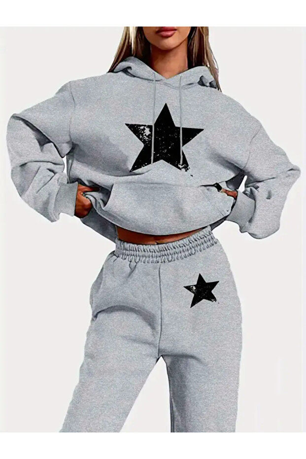 Star Printed Unisex Women/Men Hooded Oversize Bottom/Upper Tracksuit Set