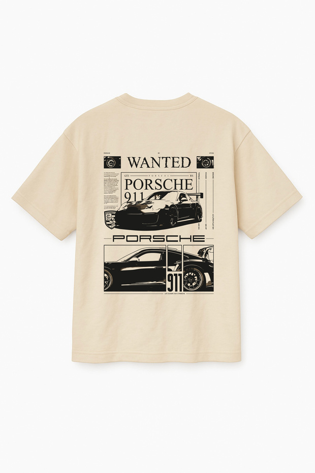 Oversize Beige Unisex Porsche 911 Printed T-Shirt T-Shirt