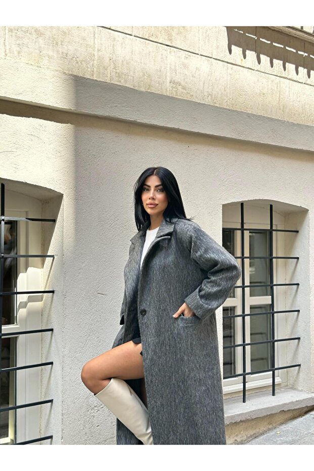 معطف صوف أنثراسيت كبير الحجم بزر واحد - 6